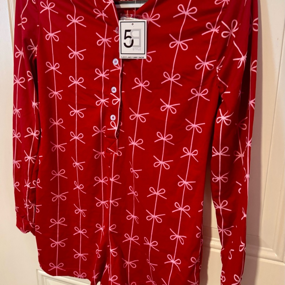 Red Pajama onesie  with Dolly  Bow Pattern